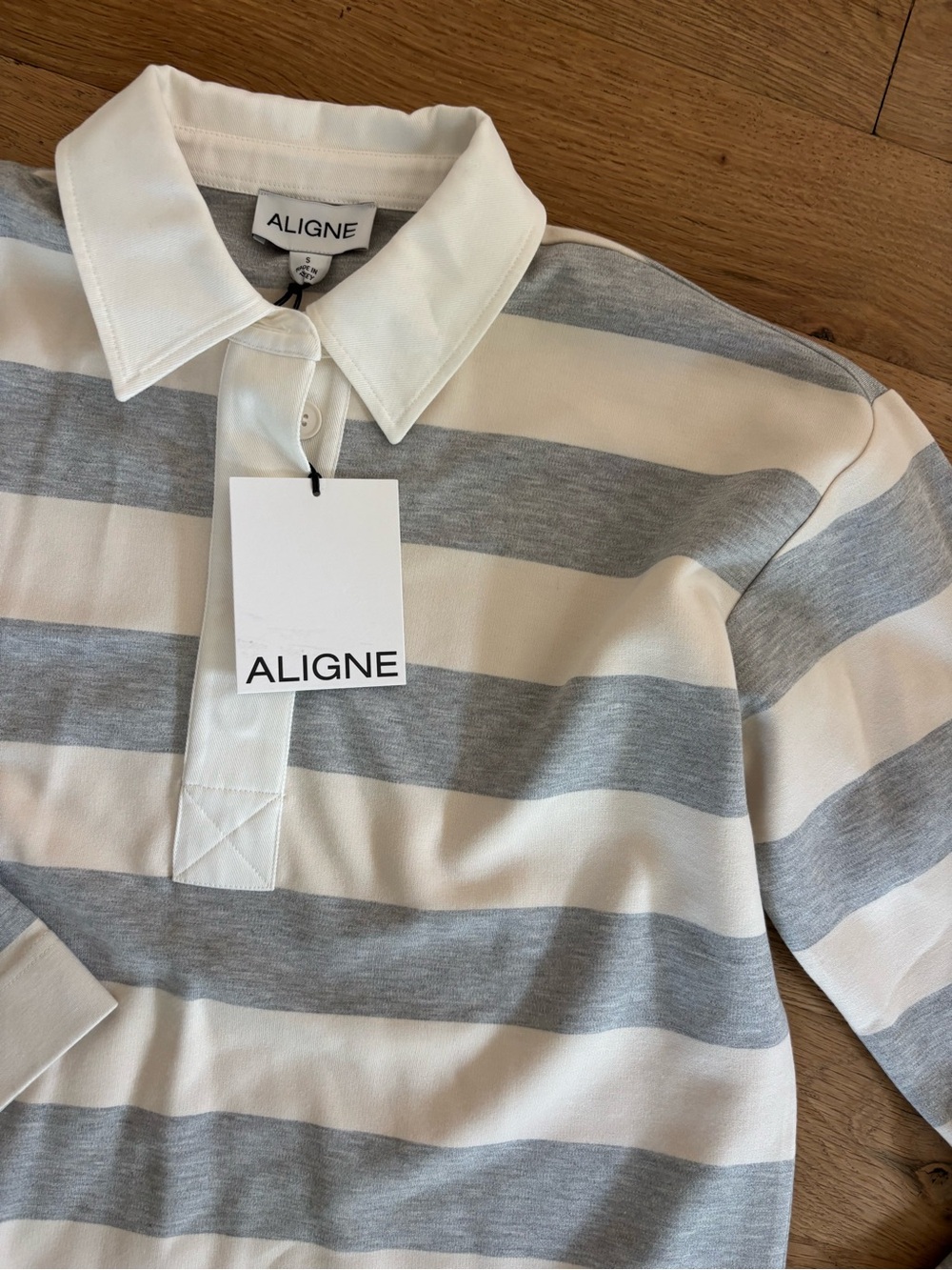 Aligne Cream & Gray Striped Rugby Polo Top - Long Sleeve, NWT, Size S - Picture 5 of 8
